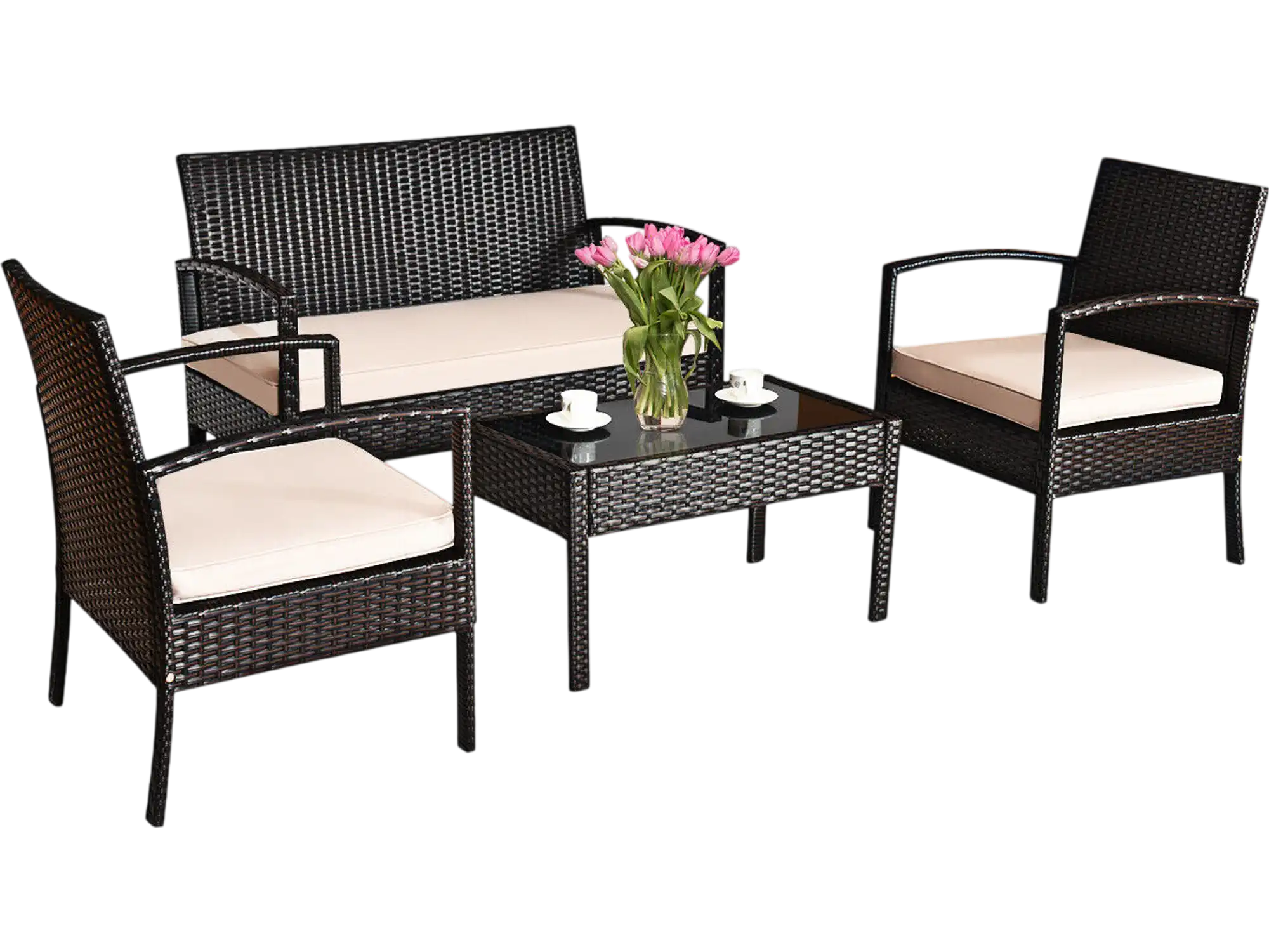 Costway 4-Pc Patio Rattan Conversation Set Loveseat Sofas Coffee Table 38571249 New