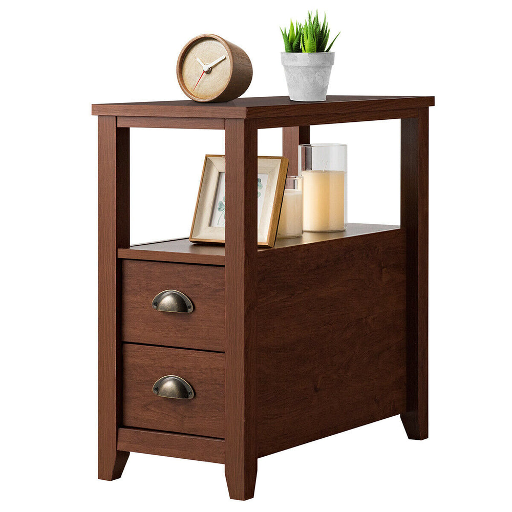 Compact brown end table with two drawers and shelf, featuring rustic metal handles for stylish bedroom or living room.