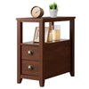 Compact brown end table with two drawers and shelf, featuring rustic metal handles for stylish bedroom or living room.