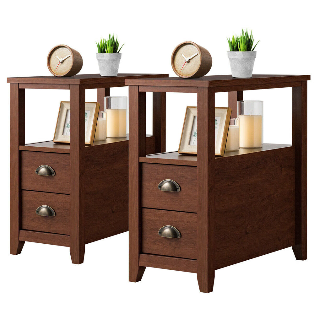 Set of 2 brown wooden end tables with 2 drawers and shelf, perfect for bedside or living room storage.