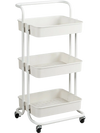 3-tier white utility cart with casters, featuring large baskets for versatile storage in kitchens or bathrooms.