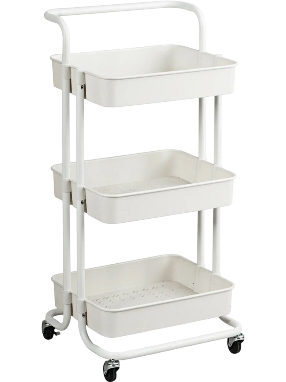 3-tier white utility cart with casters, featuring large baskets for versatile storage in kitchens or bathrooms.