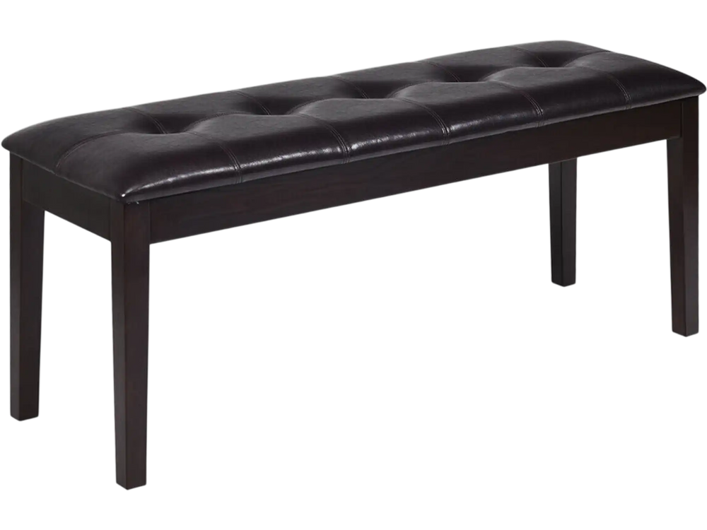 Button-tufted brown upholstered dining bench with solid rubber wood legs, ideal for dining or hallway use.