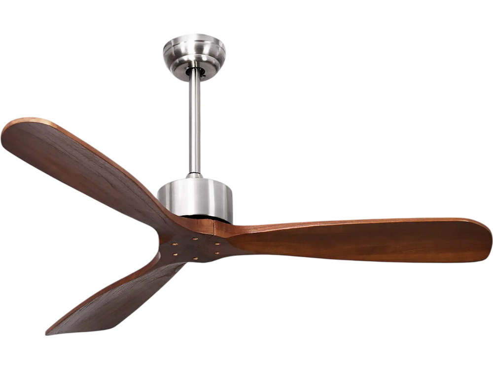 52-inch ceiling fan with three solid wood blades and brushed nickel finish, ideal for bedrooms and living rooms.