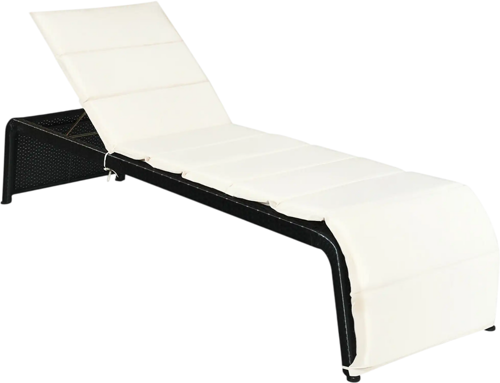 Adjustable patio rattan lounge chair with cushioned white seat, perfect for outdoor relaxation by the pool or garden.