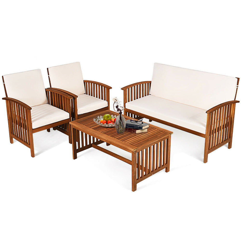 4-piece patio furniture set featuring acacia wood frame and beige cushions, ideal for garden or balcony relaxation.