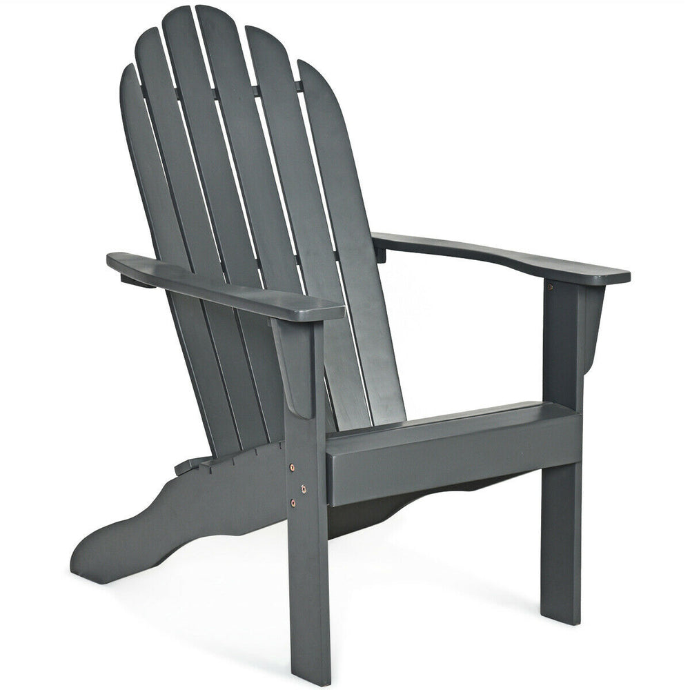 Gray acacia wood Adirondack chair with ergonomic design and wide armrests, ideal for outdoor patio relaxation.