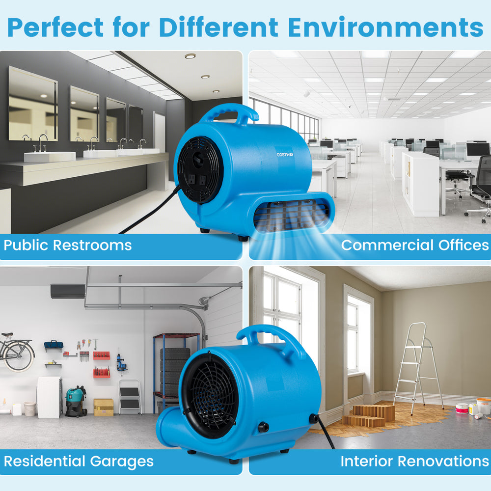 Blue 3-speed air mover with 2800 CFM airflow, ideal for drying in public restrooms, offices, garages, and renovations.