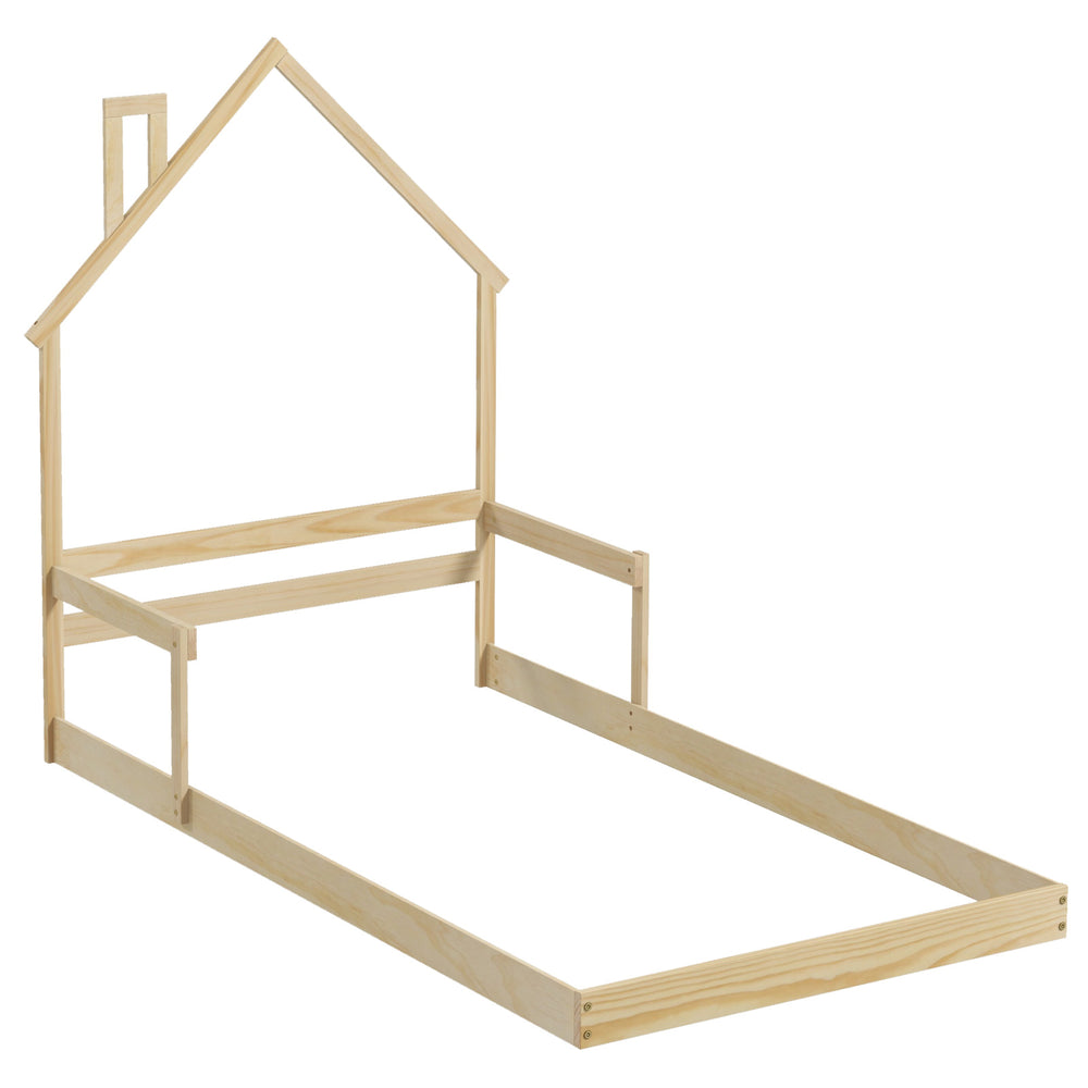 Twin Size Floor Bed with Chimney and Headboard and Handrail-Natural - Gallery View 1 of 1