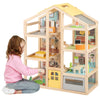 Wooden dollhouse for kids with furniture, figures, and movable stairs, designed for interactive pretend play and.