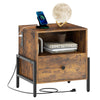 Rustic brown nightstand with charging station, open compartment, and spacious drawer for versatile storage solutions.