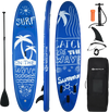 Inflatable stand-up paddle board with adjustable paddle, non-slip deck, and three fins for stability and speed.