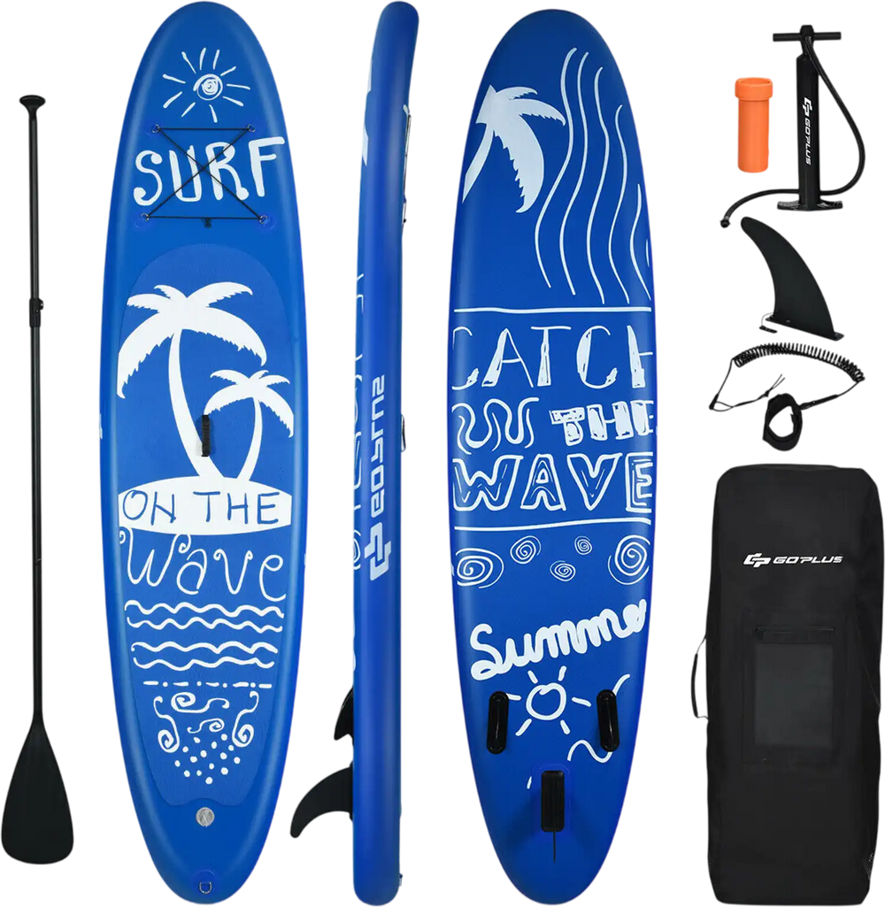 Inflatable stand-up paddle board with adjustable paddle, non-slip deck, and three fins for stability and speed.