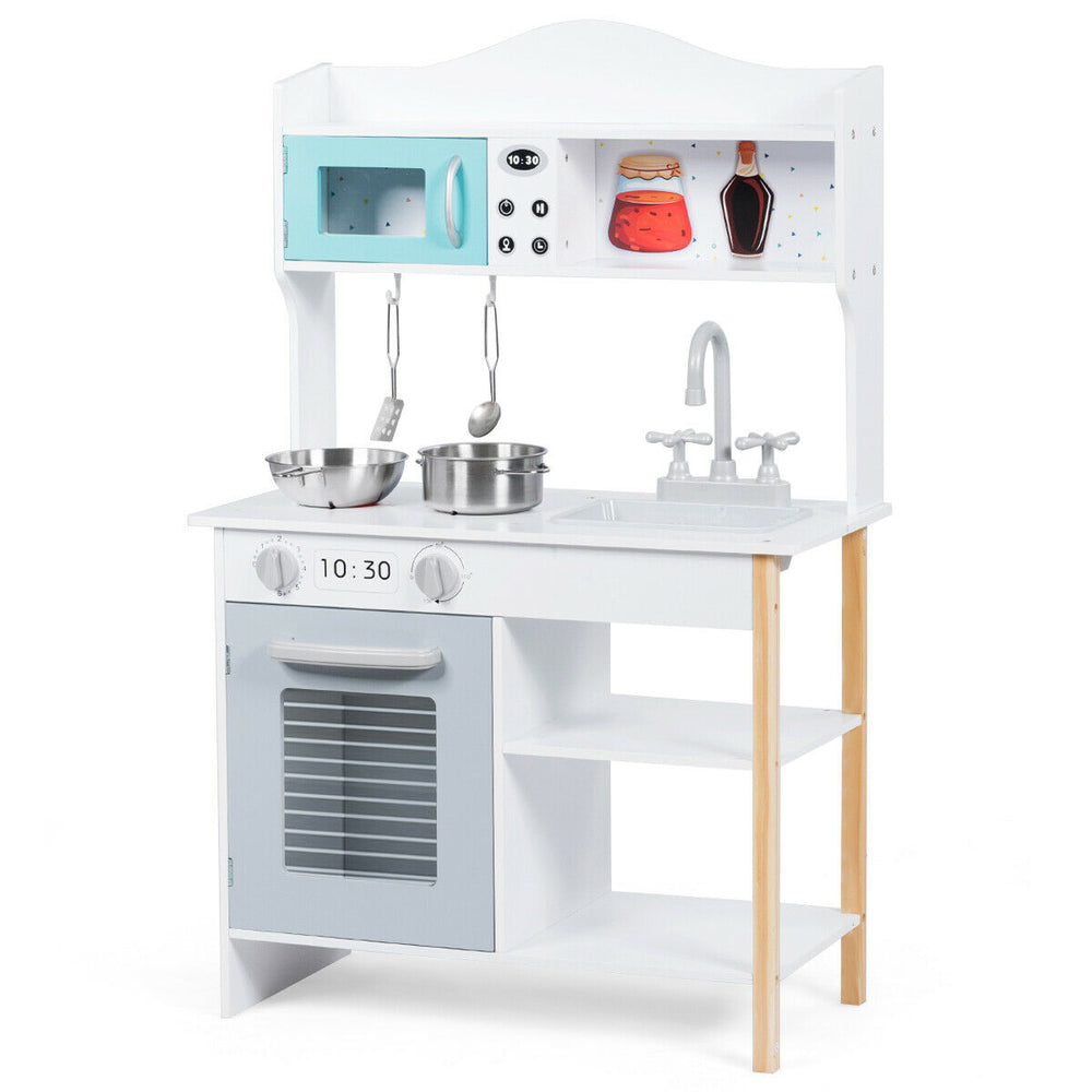 Kids kitchen playset with sink, stove, and microwave for imaginative cooking fun and skill development.