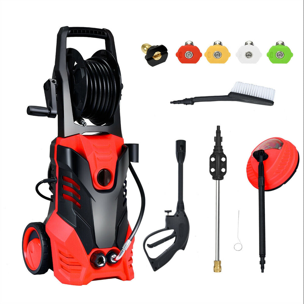 Electric high pressure washer in red, 3000 PSI, includes five nozzles and pressure hose reel for versatile cleaning.