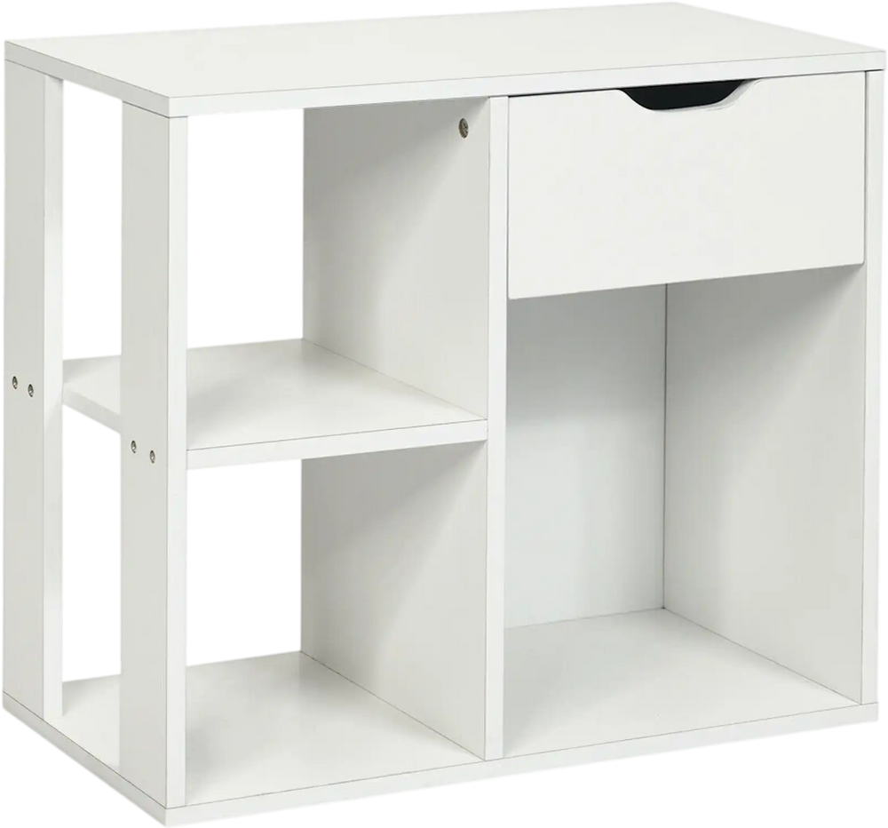 3-tier side table in white with storage shelf and drawer, made of durable particle board for versatile use.