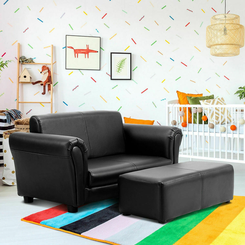 Black/White Kids Double Sofa with Ottoman-Black - Gallery View 1 of 12