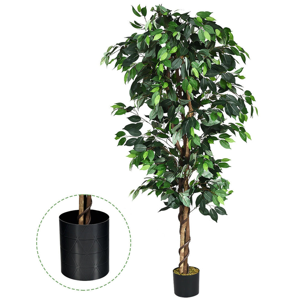 6 feet artificial ficus silk tree with realistic leaves and cement base, ideal for home or office decoration.