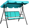 Three-person outdoor patio swing bench with adjustable blue canopy and durable steel frame, perfect for relaxing.