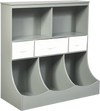 Freestanding gray cubby storage organizer with three baskets, two open shelves, and a stylish design for versatile.