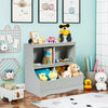 Kids floor cabinet in gray featuring 2 cubbies and 2 bins for organizing toys and books, perfect for children's rooms.