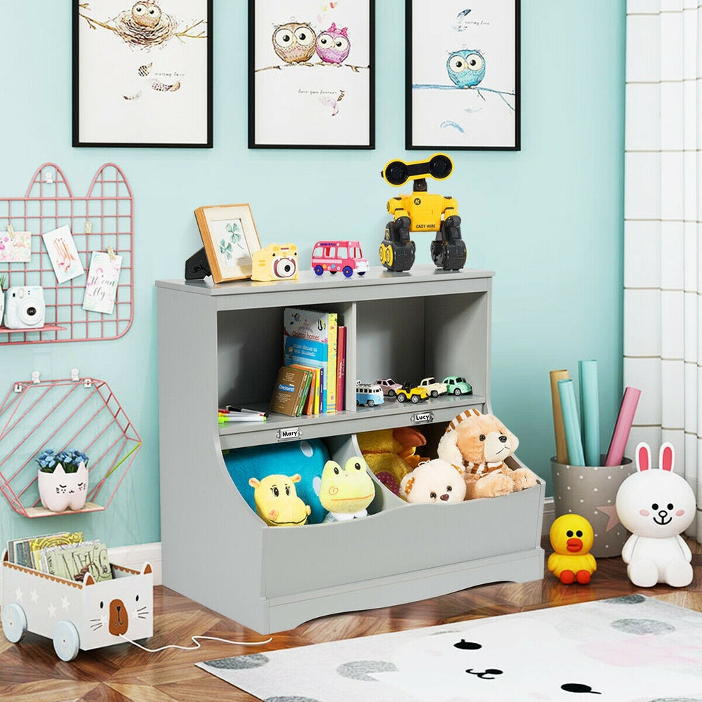 Kids floor cabinet in gray featuring 2 cubbies and 2 bins for organizing toys and books, perfect for children's rooms.