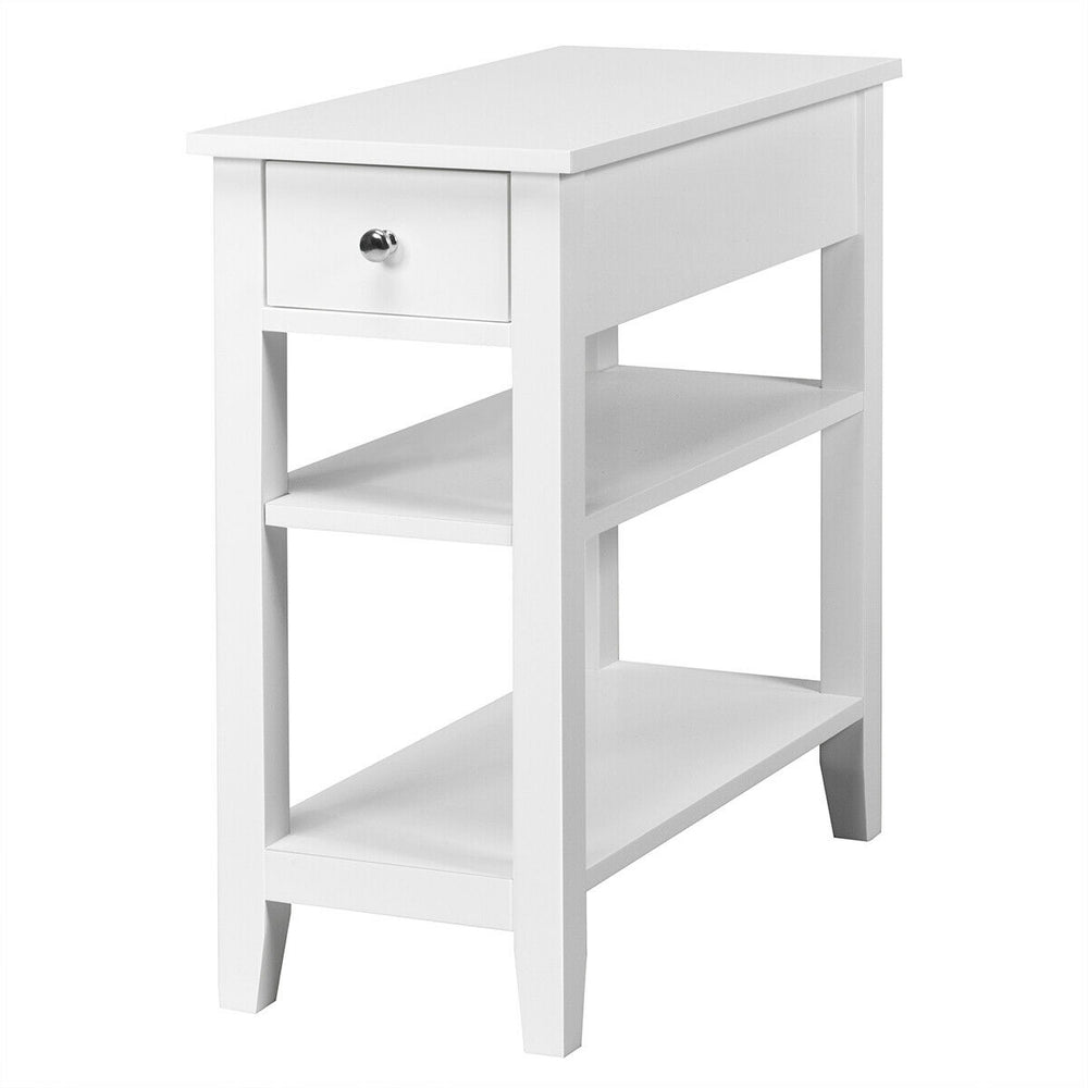White 3-tier nightstand with drawer and open shelves, perfect for narrow spaces in bedrooms or living rooms.