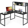 L-shaped black corner desk with open storage hutch, ideal for multitasking in any room or office.
