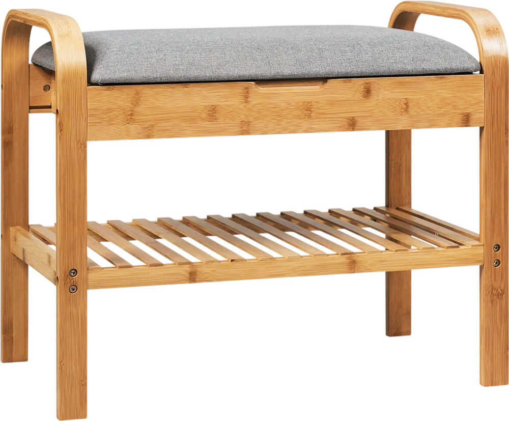 Bamboo shoe rack bench with storage shelf, ergonomic design, sturdy frame, ideal for entryway or hallway use.