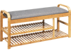 Bamboo shoe rack bench with cushion, featuring three tiers and ergonomic design, ideal for entryway or bedroom seating.