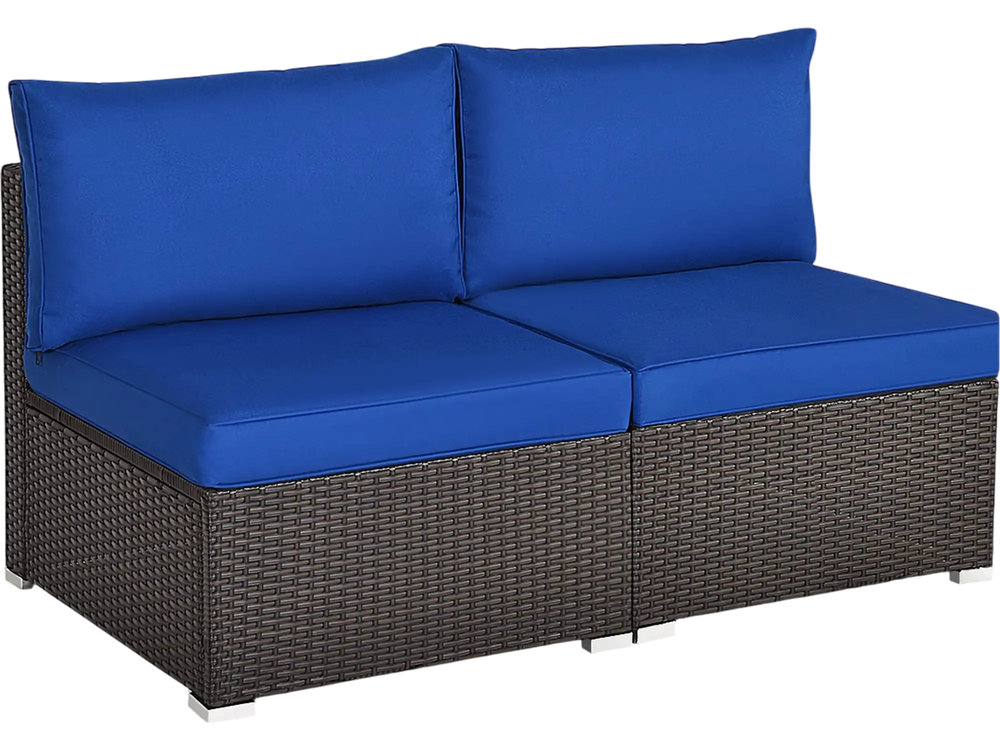 Armless patio rattan sofa set with navy cushions, featuring a sturdy frame, ideal for outdoor relaxation.