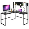 Black L-shaped corner desk showcasing an open storage hutch and spacious surface, perfect for home office organization.
