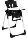 Foldable high chair in black with adjustable backrest, 5-point safety harness, and detachable dishwasher-safe tray.