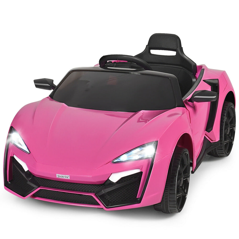 Pink 12V electric vehicle with LED lights, parental remote control, and spring suspension for smooth driving fun.