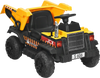 Kids ride-on dump truck in yellow with electric bucket, remote control, and LED lights for fun outdoor play.