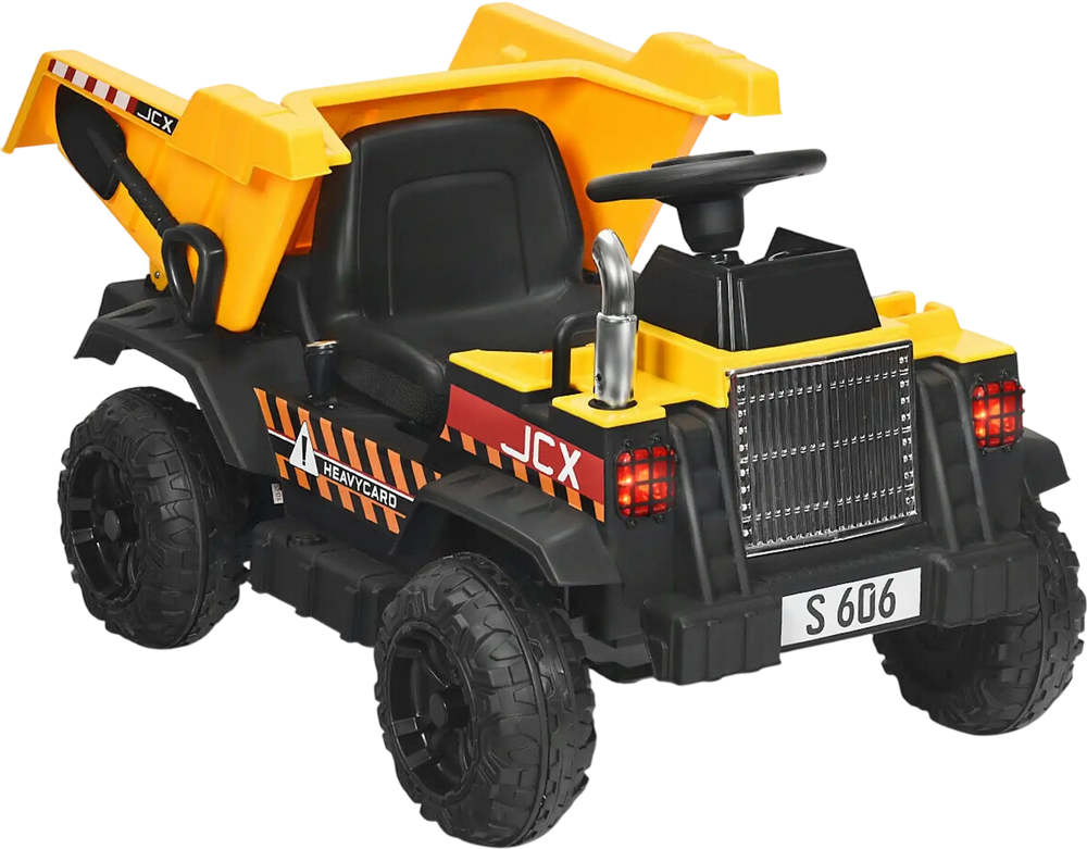 Kids ride-on dump truck in yellow with electric bucket, remote control, and LED lights for fun outdoor play.