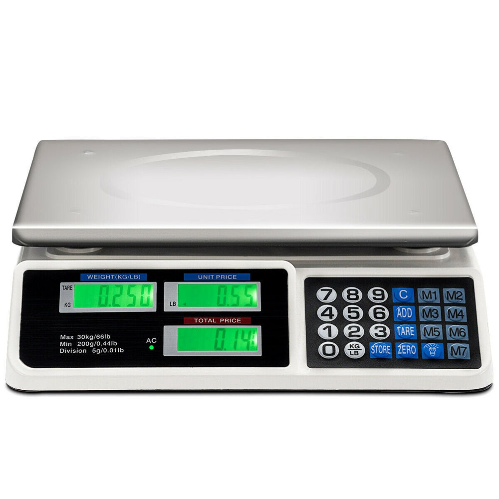Electronic price computing scale with LCD display, ABS material, waterproof steel top, ideal for markets and.