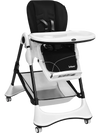 A-Shaped high chair in black with 4 lockable wheels, 5-point safety harness, and foldable design for easy transport.