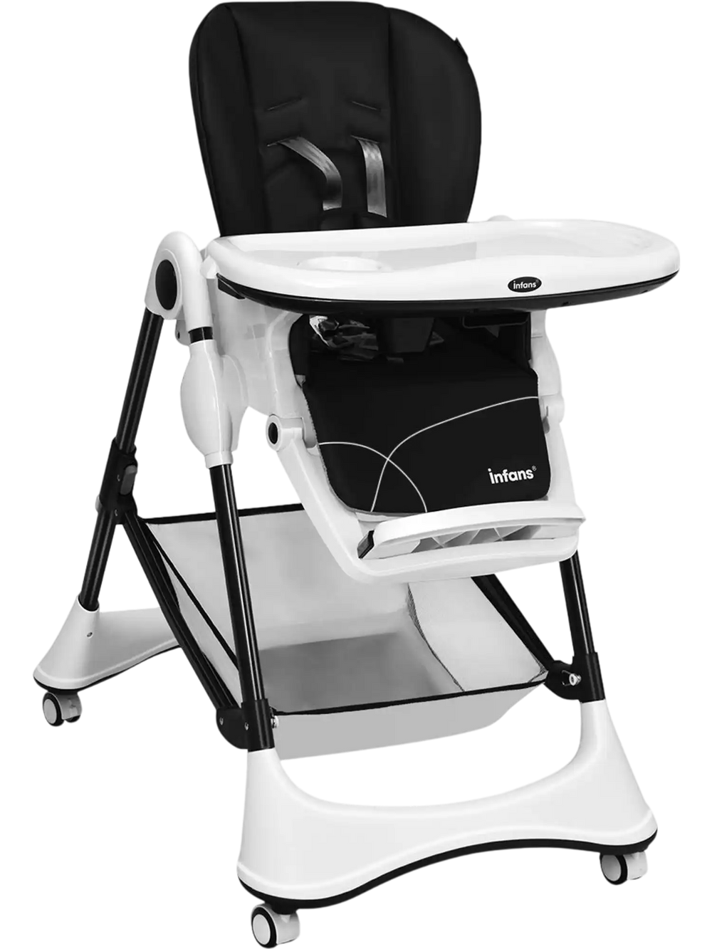 A-Shaped high chair in black with 4 lockable wheels, 5-point safety harness, and foldable design for easy transport.
