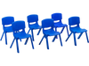 Set of six blue plastic stackable classroom chairs for kids, ASTM certified, weather-resistant, ideal for indoor and.