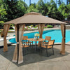 Outdoor double top patio gazebo with netting, brown, featuring a spacious design by the pool for gatherings and shade.