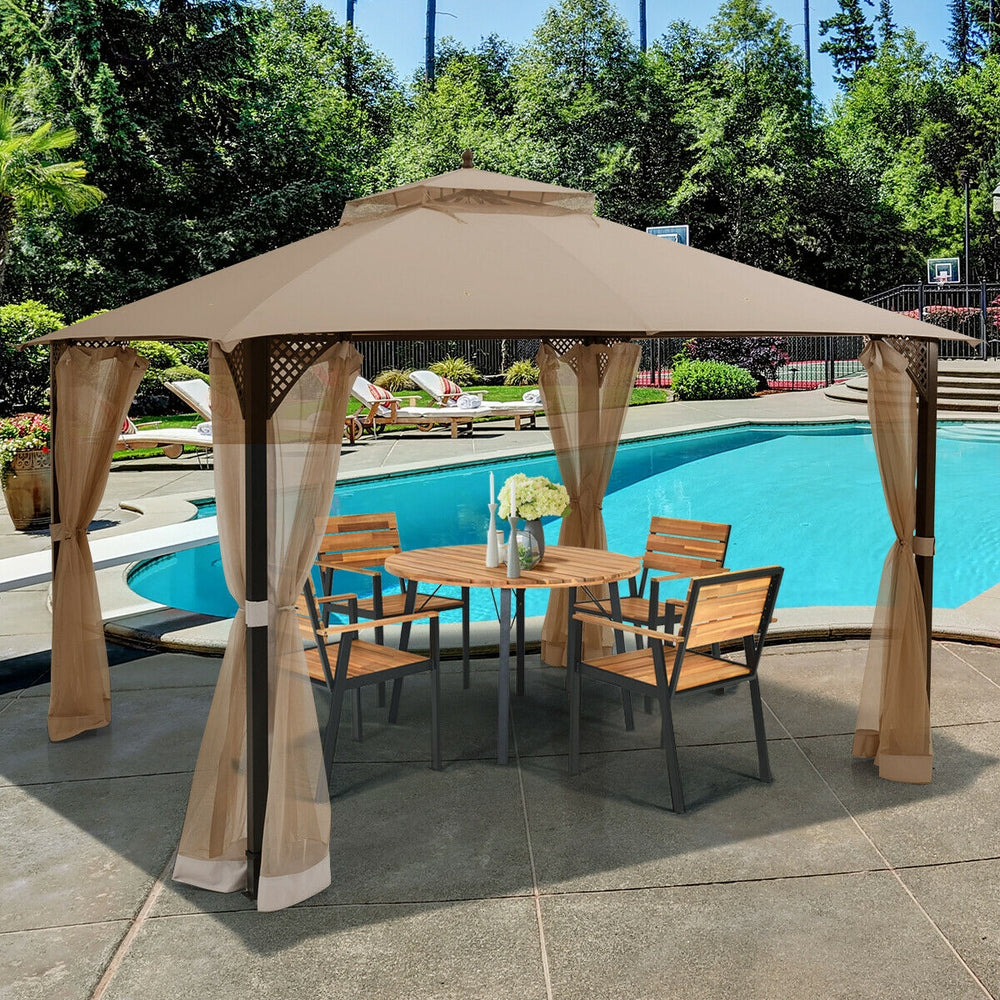 12 x 10 Feet Outdoor Double Top Patio Gazebo with Netting-Brown - Gallery View 1 of 12
