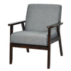 Gray fabric accent armchair with solid rubber wood frame, ergonomic armrests, and thick cushion for maximum comfort.
