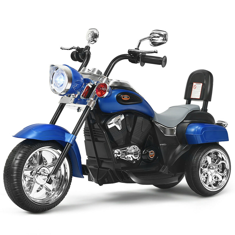 Chopper style 6V 3-wheel kids motorcycle in blue with adjustable headlight and music feature for safe, fun rides.
