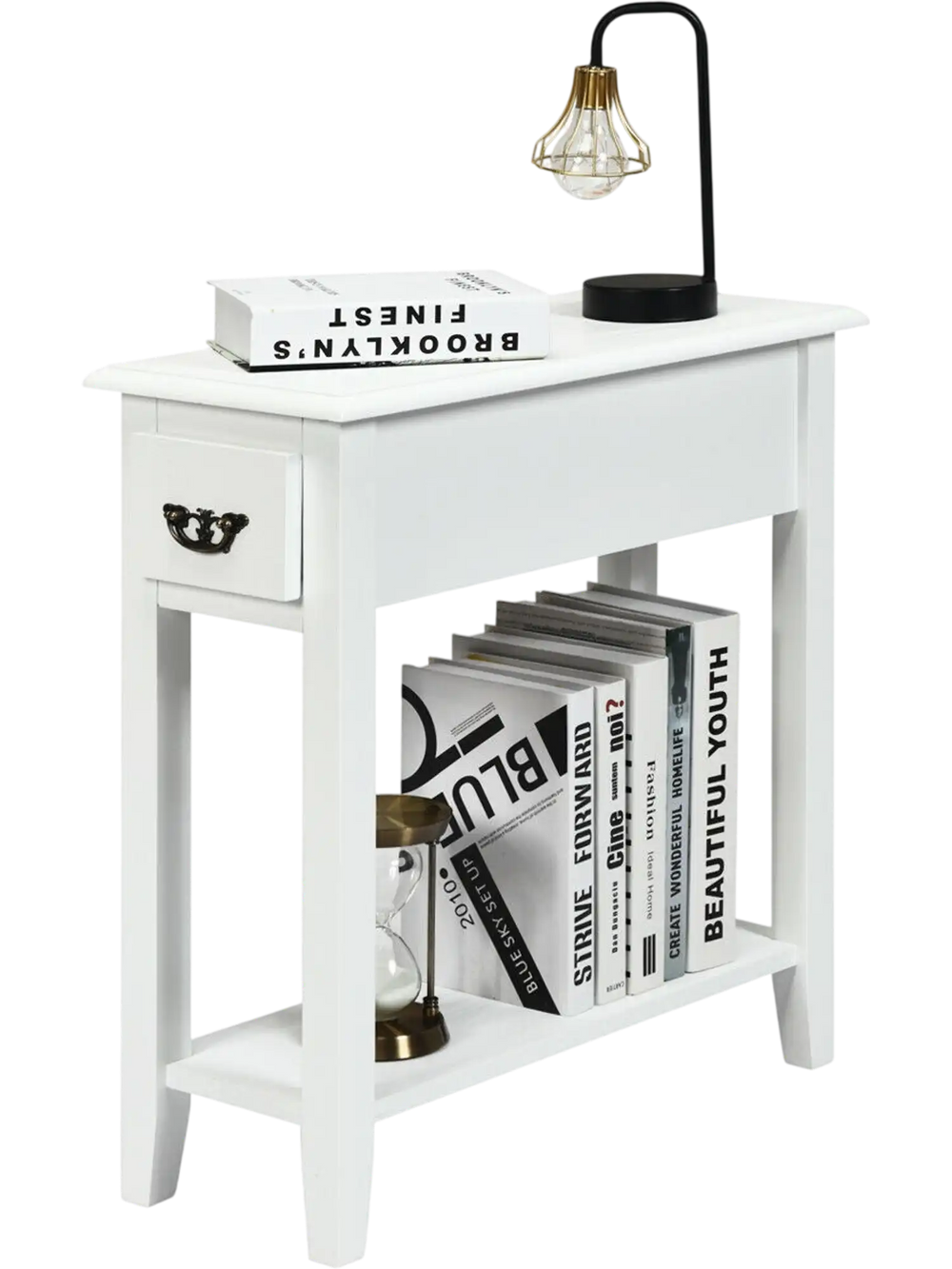 Narrow white 2-tier end table with drawer and lower shelf, made of P2 MDF and rubber wood, ideal for small spaces.