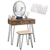 Industrial makeup dressing table in rustic brown with touch screen mirror and matching stool for stylish bedroom decor.