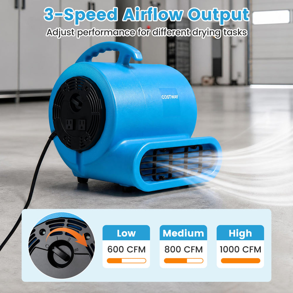 Blue 3-speed air mover with 2800 CFM airflow, adjustable angles, and anti-slip feet for efficient drying tasks.