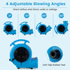 Blue 3-speed air mover with adjustable blowing angles and anti-slip rubber feet for efficient drying in various environments.