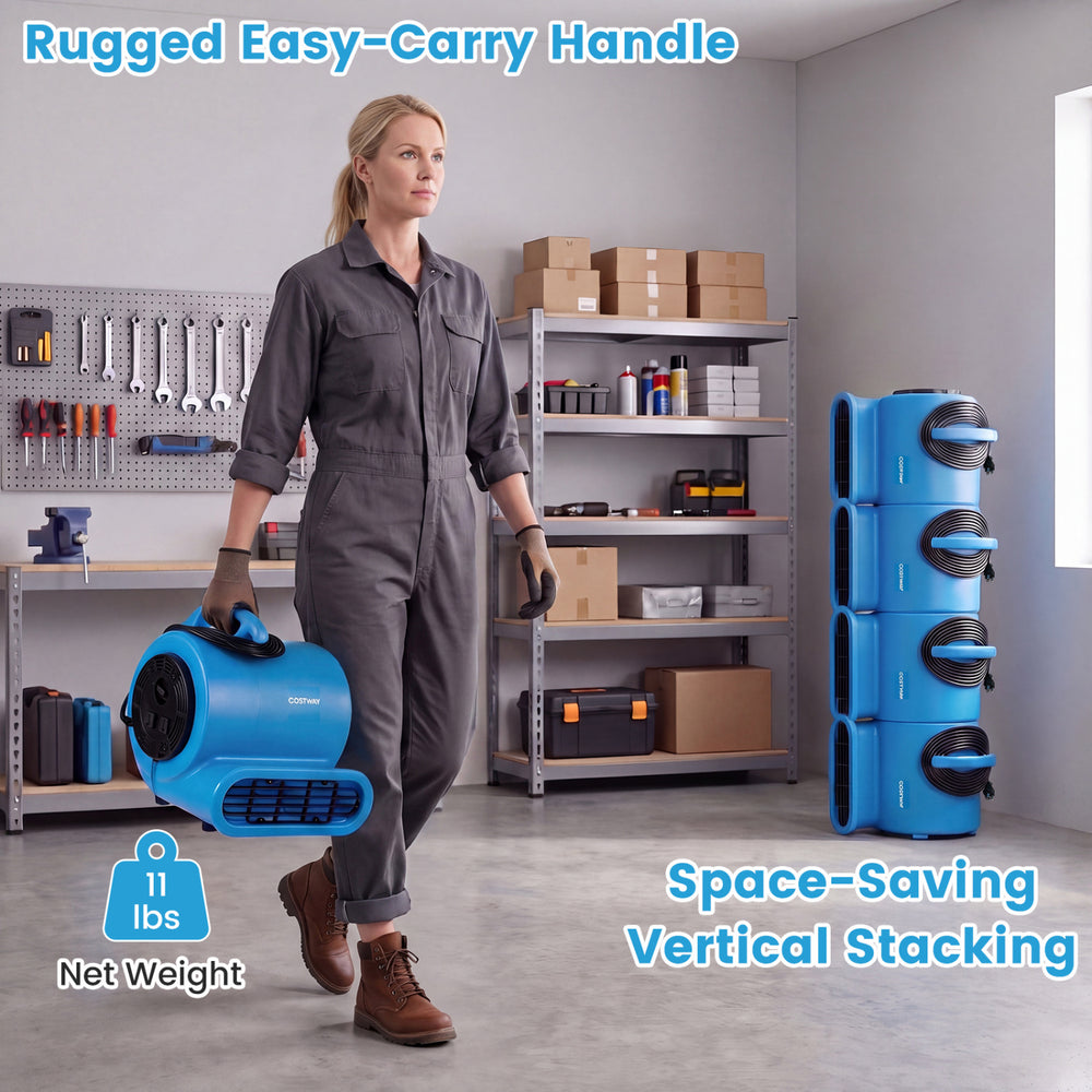 Air mover with rugged carry handle, 3-speed settings, and space-saving vertical stacking for efficient drying tasks.