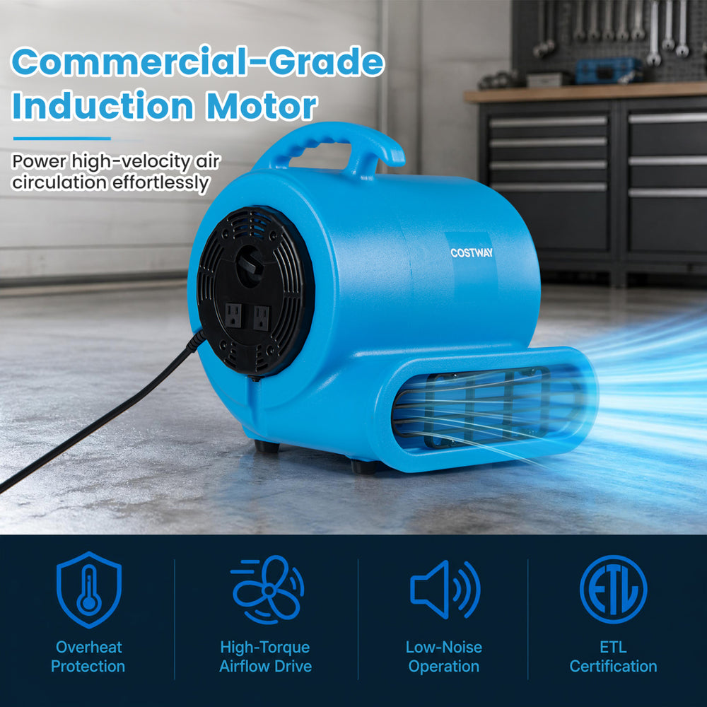 Blue 3-speed commercial air mover with 2800 CFM airflow, adjustable angles, and anti-slip feet for versatile drying tasks.
